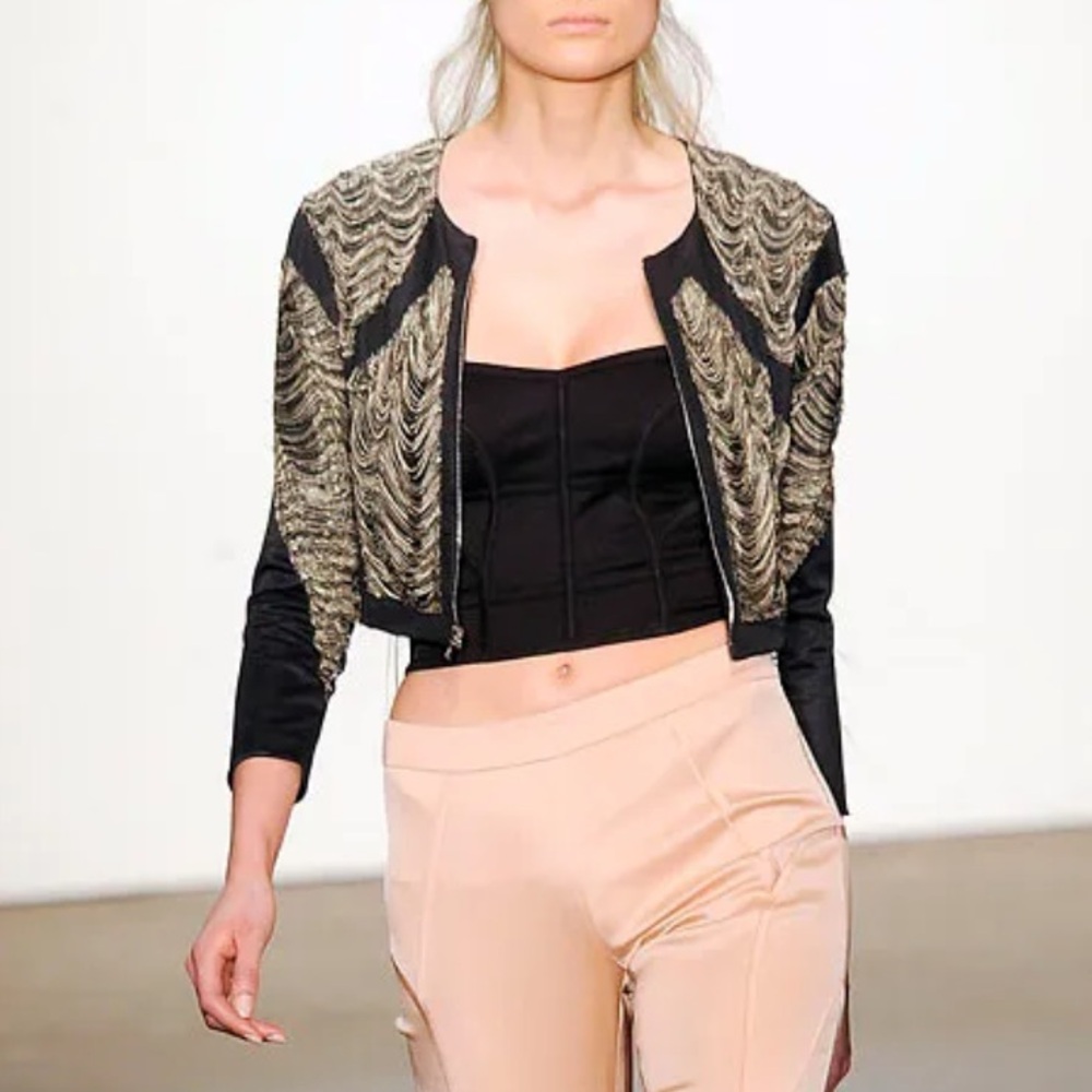 Thakoon Runway Chain Link Cropped Zip Front Blazer Jacket Size 4 Black Silver